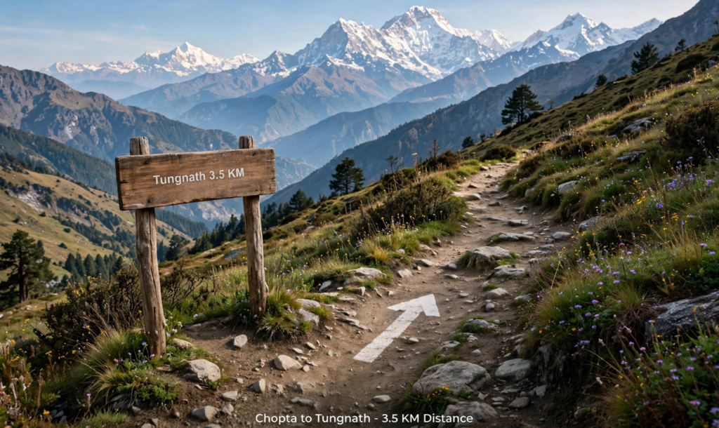 Chopta Tungnath Trek route map showing altitude and distance breakdown from Chopta to Chandrashila summit.