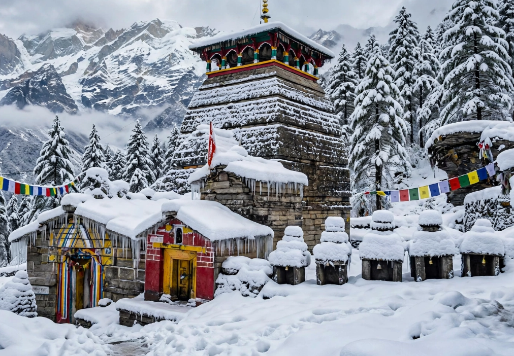 Tungnath Temple covered in heavy winter snow during Chopta Trek