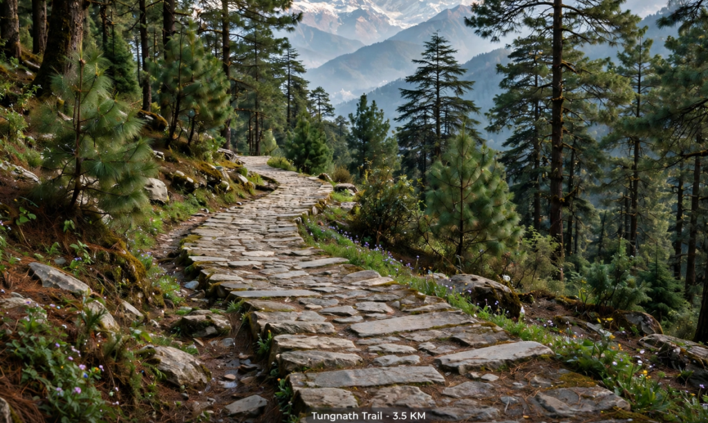 Stone-paved trail leading through lush green forest towards Tungnath Temple with Himalayan mountains in the background.