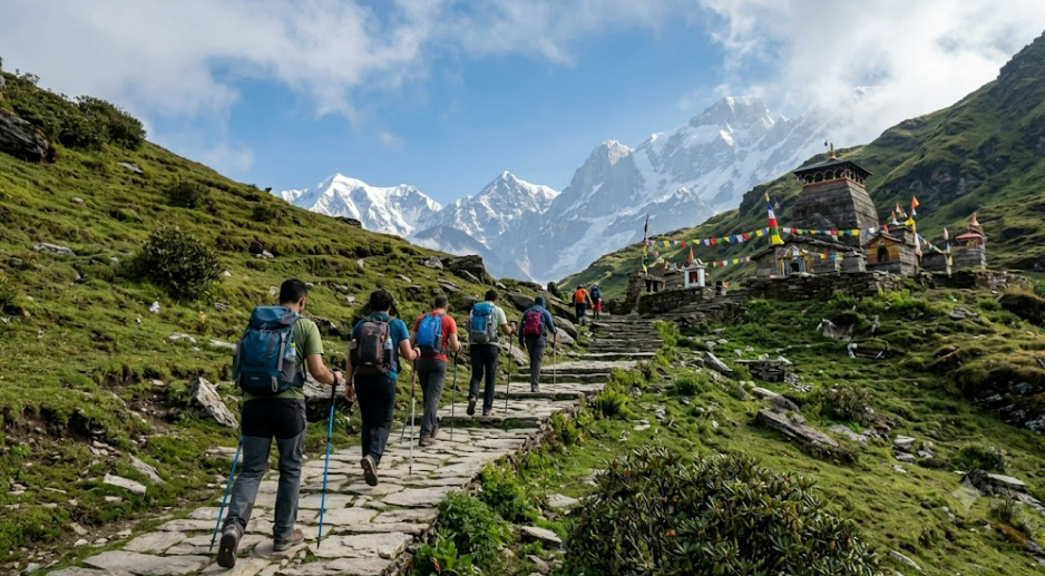 A group of trekkers with backpacks walking on a trail toward snow-capped Himalayan mountains under a blue sky.